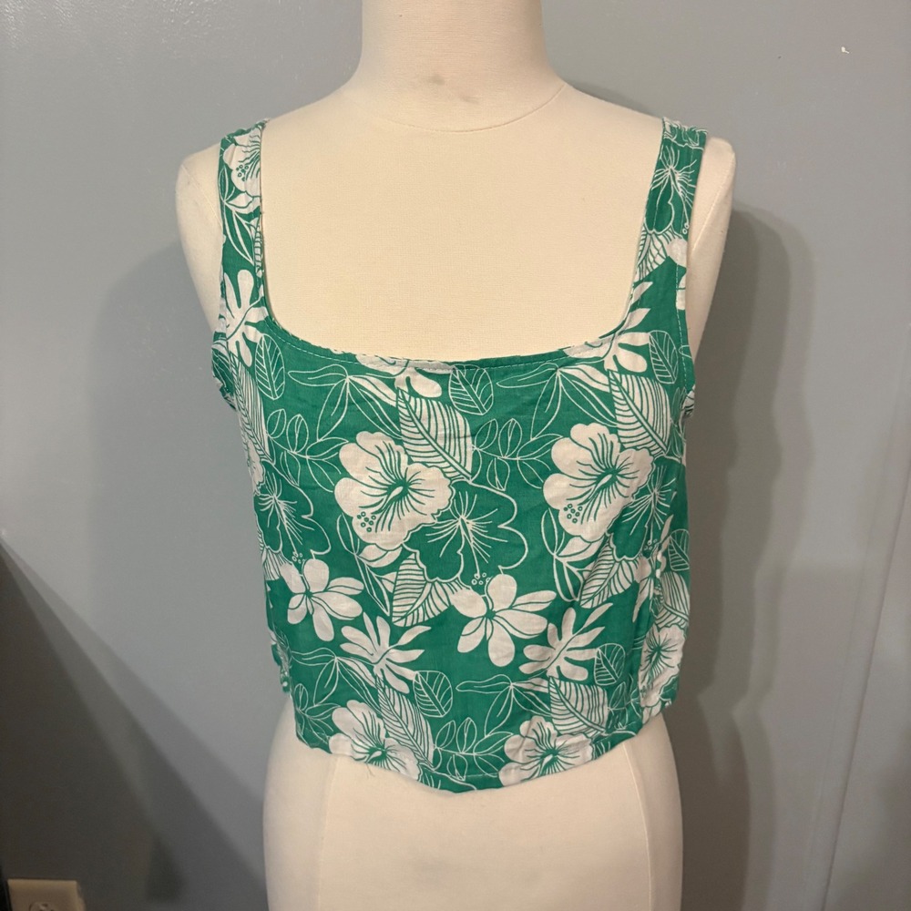 NWT C&C California Green Hibiscus Tropical Floral Linen Crop Top (Women Medium)